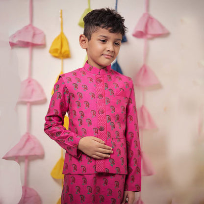 Pink Block Printed Kurta Set with Jacket