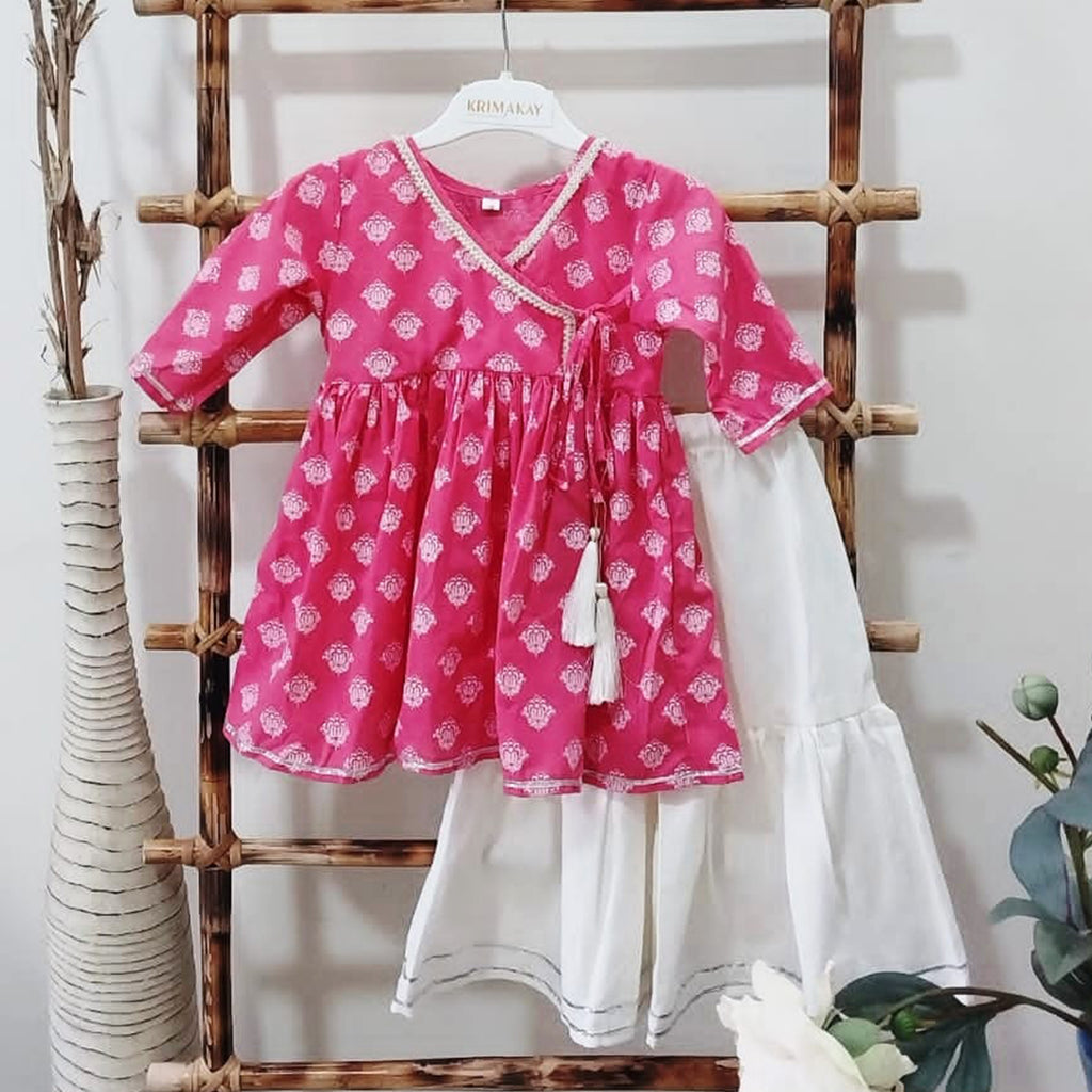 Pink Kurti With Pearl Lace Embellishment And White Sharara