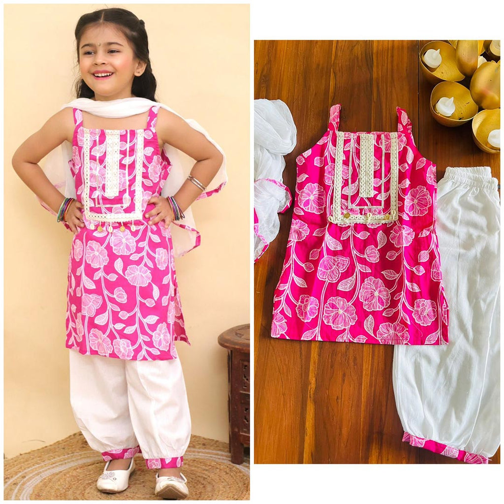 Candy Pink Sleeveless Kurta with White Afgani Pants Teamed with a white dupatta