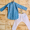 Powder Blue Lotus Print Cotton Kurta with Side Button Style for Boys