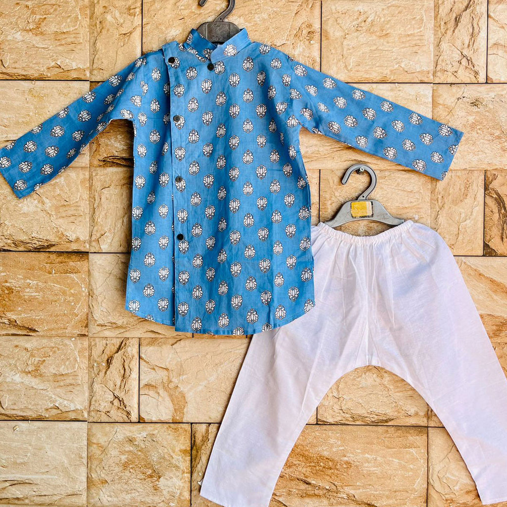 Powder Blue Lotus Print Cotton Kurta with Side Button Style for Boys