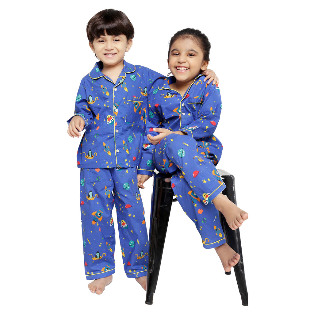 Unisex Premium Cotton Full Sleeves Space Printed Coordinating Night Suit - Blue