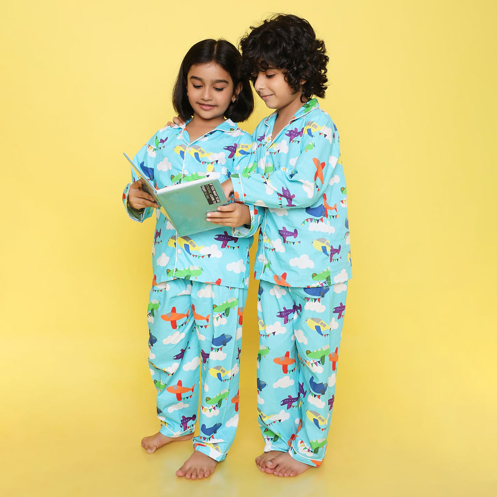 Unisex Premium Cotton Kids' Notched Collar Night Suit In Cute Aeroplanes Print- Blue