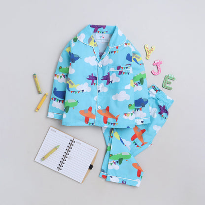 Unisex Premium Cotton Kids' Notched Collar Night Suit In Cute Aeroplanes Print- Blue