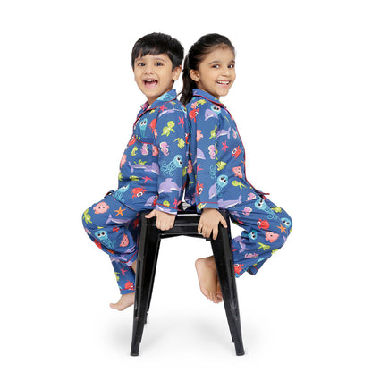Unisex Premium Cotton Kids' Notched Collar Night Suit In Cute Sea Animals Print- Blue