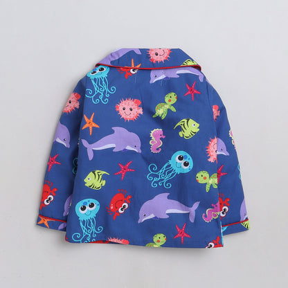 Unisex Premium Cotton Kids' Notched Collar Night Suit In Cute Sea Animals Print- Blue