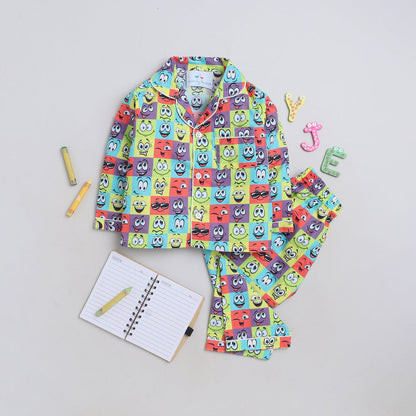 Unisex Premium Cotton Kids' Notched Collar Night Suit In Smart Funny Faces Print- Multi