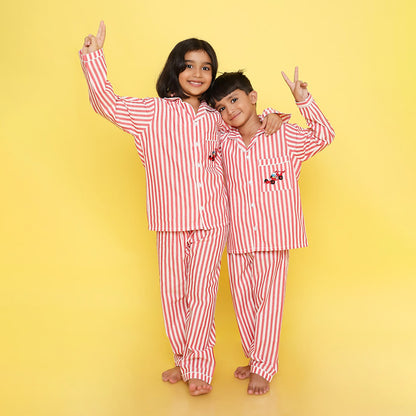 Unisex Premium Cotton Kids' Stripes Night Suit With Smart Racing Car Embroidery On Pocket- Red And White