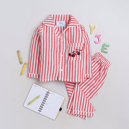 Unisex Premium Cotton Kids' Stripes Night Suit With Smart Racing Car Embroidery On Pocket- Red And White