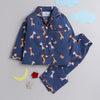 Unisex Pure Cotton Kid's Blue Giraffe Print Nightsuit- Blue