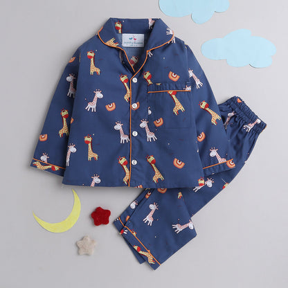 Unisex Pure Cotton Kid's Blue Giraffe Print Nightsuit- Blue