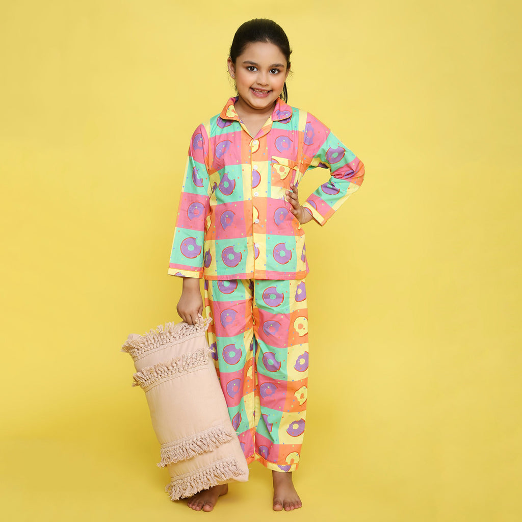 Pure Cotton Poplin Full Sleeves Donuts Blocks Printed Coordinating Night Suit - Multi Colour
