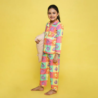 Pure Cotton Poplin Full Sleeves Donuts Blocks Printed Coordinating Night Suit - Multi Colour