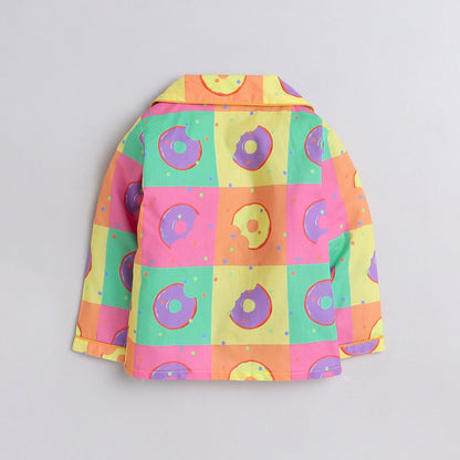 Pure Cotton Poplin Full Sleeves Donuts Blocks Printed Coordinating Night Suit - Multi Colour