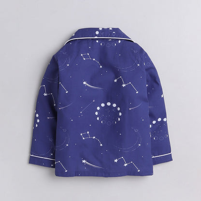 Unisex Pure Cotton Poplin Full Sleeves Space Theme Elements Printed Coordinating Night Suit - Dark Blue