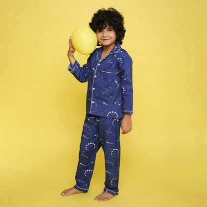 Unisex Pure Cotton Poplin Full Sleeves Space Theme Elements Printed Coordinating Night Suit - Dark Blue