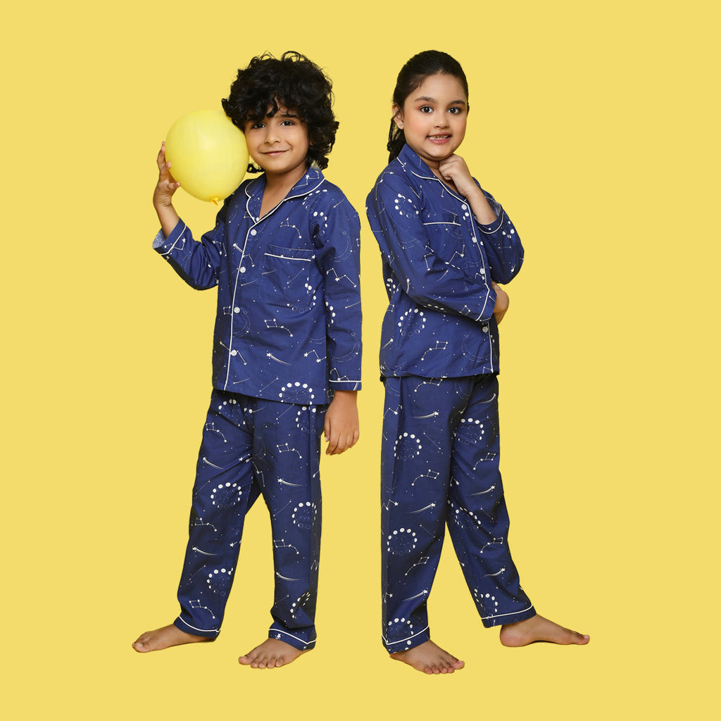 Unisex Pure Cotton Poplin Full Sleeves Space Theme Elements Printed Coordinating Night Suit - Dark Blue