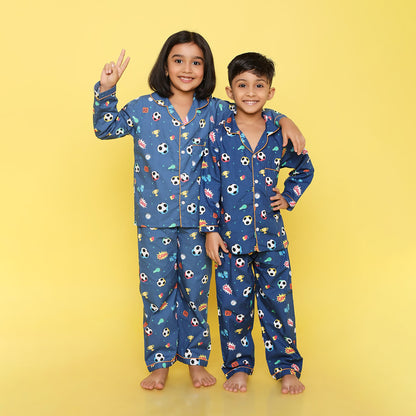 Unisex Pure Cotton Poplin Smart Football Print Night Suit- Dark Blue