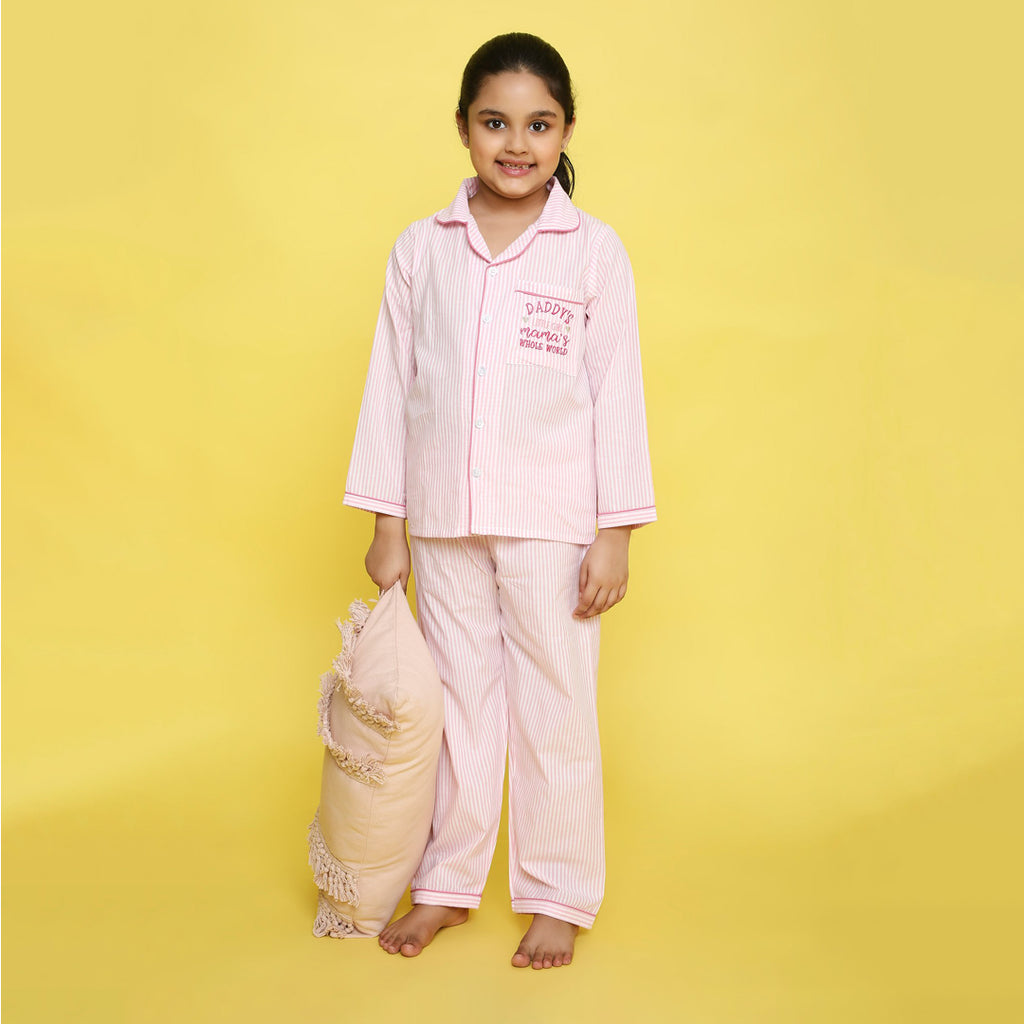Pure Cotton Yarn Dyed Placement Text Embroidered & Pencil Striped Night Suit - White And Pink