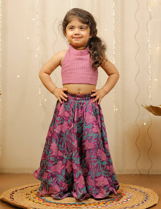 Purple Block Printed Floral Skirt With Crop Top