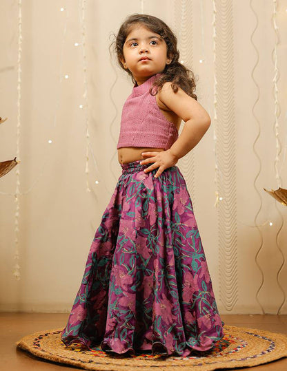 Purple Block Printed Floral Skirt with Crop Top