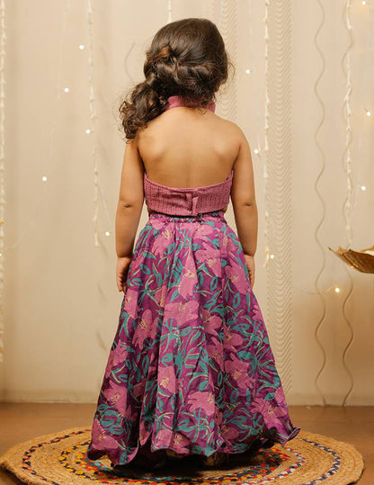 Purple Block Printed Floral Skirt with Crop Top