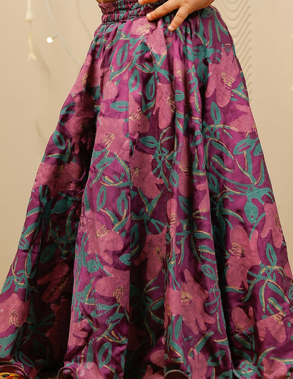 Purple Block Printed Floral Skirt with Crop Top