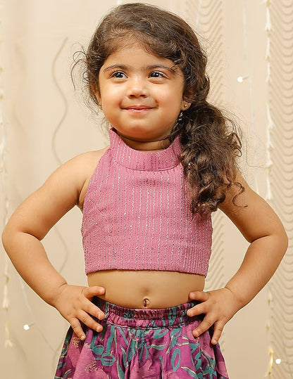 Purple Block Printed Floral Skirt with Crop Top