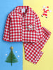 Unisex Kids Red and White Cotton Twill Plaid Nightsuit with Cute Santa Claus Embroidery on Pocket