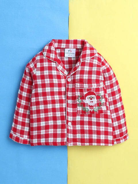 Unisex Kids Red and White Cotton Twill Plaid Nightsuit with Cute Santa Claus Embroidery on Pocket
