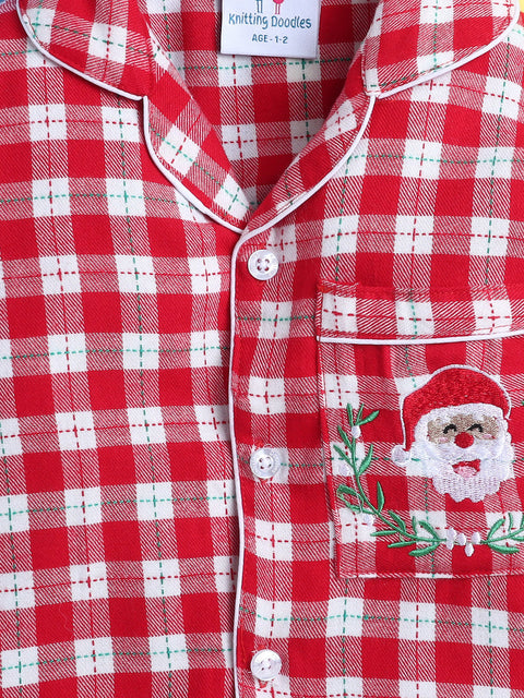 Unisex Kids Red and White Cotton Twill Plaid Nightsuit with Cute Santa Claus Embroidery on Pocket