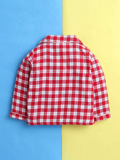 Unisex Kids Red and White Cotton Twill Plaid Nightsuit with Cute Santa Claus Embroidery on Pocket