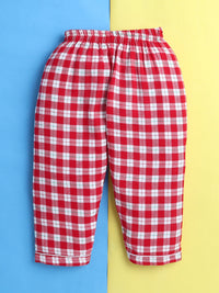 Unisex Kids Red and White Cotton Twill Plaid Nightsuit with Cute Santa Claus Embroidery on Pocket