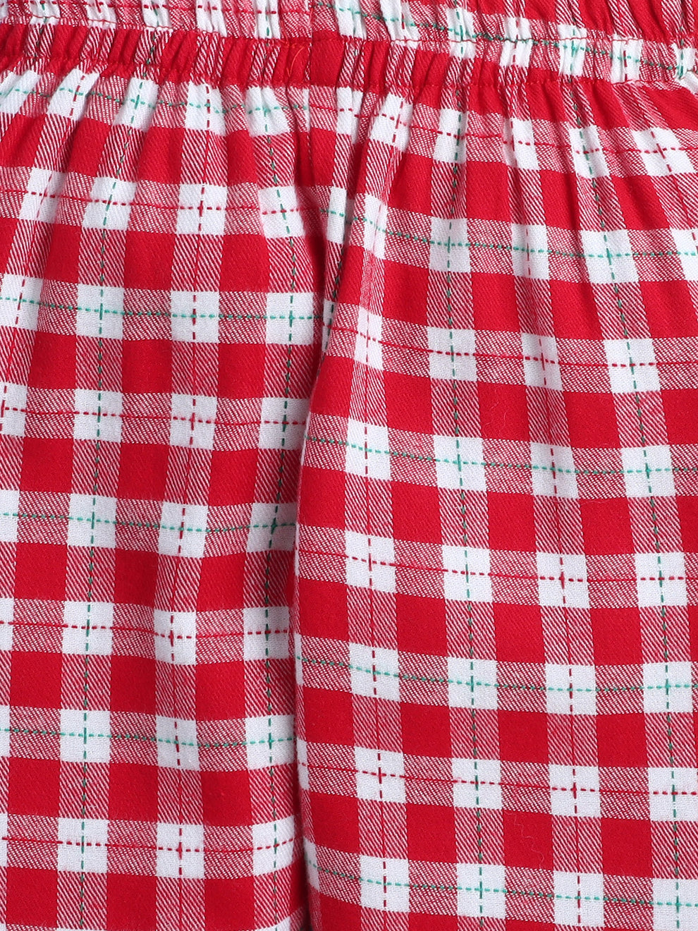 Unisex Kids Red and White Cotton Twill Plaid Nightsuit with Cute Santa Claus Embroidery on Pocket