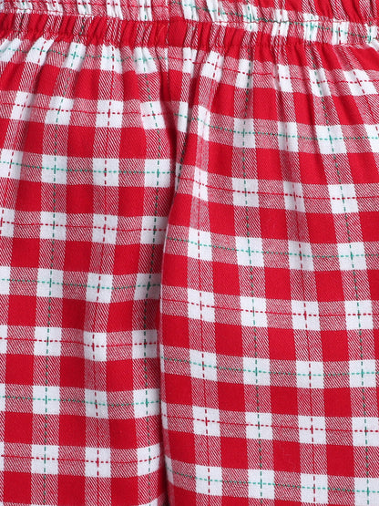 Unisex Kids Red and White Cotton Twill Plaid Nightsuit with Cute Santa Claus Embroidery on Pocket