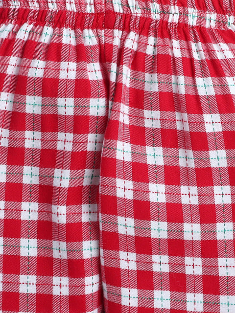 Unisex Kids Red and White Cotton Twill Plaid Nightsuit with Cute Santa Claus Embroidery on Pocket