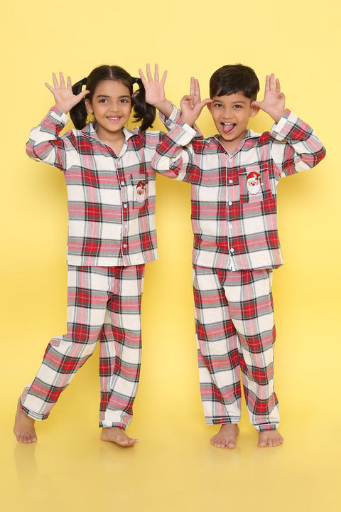 Unisex Red, White and Green Cotton Plaid Nightsuit with Cute Santa Claus Embroidery on Pocket