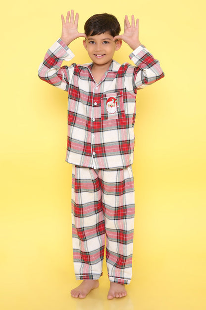 Unisex Red, White and Green Cotton Plaid Nightsuit with Cute Santa Claus Embroidery on Pocket