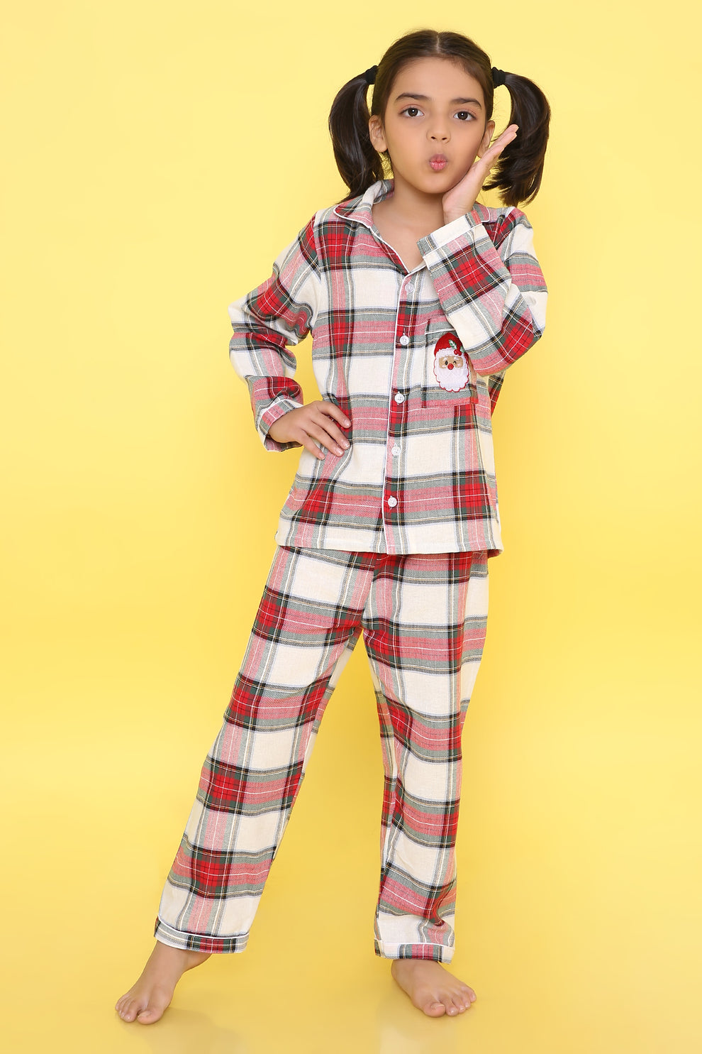 Unisex Red, White and Green Cotton Plaid Nightsuit with Cute Santa Claus Embroidery on Pocket