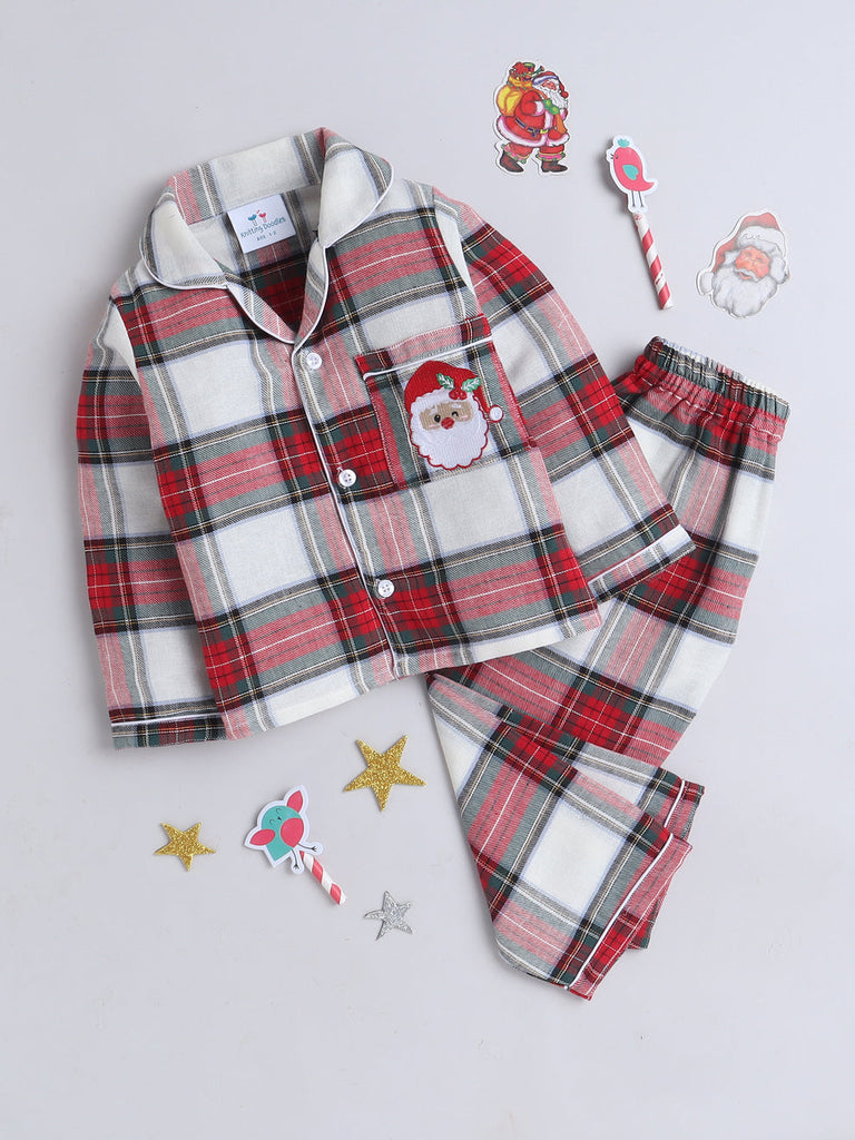 Unisex Red, White and Green Cotton Plaid Nightsuit with Cute Santa Claus Embroidery on Pocket