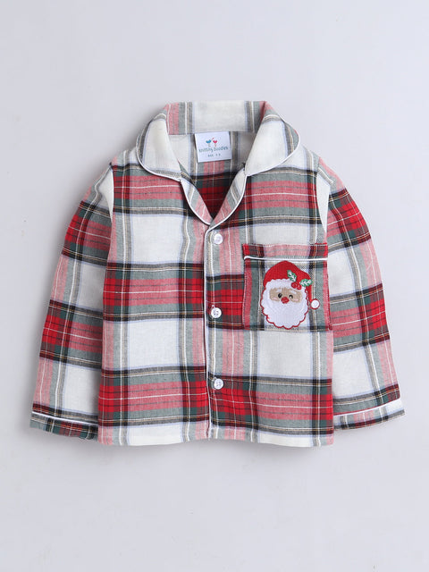 Unisex Red, White and Green Cotton Plaid Nightsuit with Cute Santa Claus Embroidery on Pocket