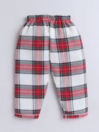 Unisex Red, White and Green Cotton Plaid Nightsuit with Cute Santa Claus Embroidery on Pocket