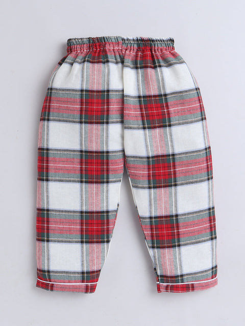 Unisex Red, White and Green Cotton Plaid Nightsuit with Cute Santa Claus Embroidery on Pocket