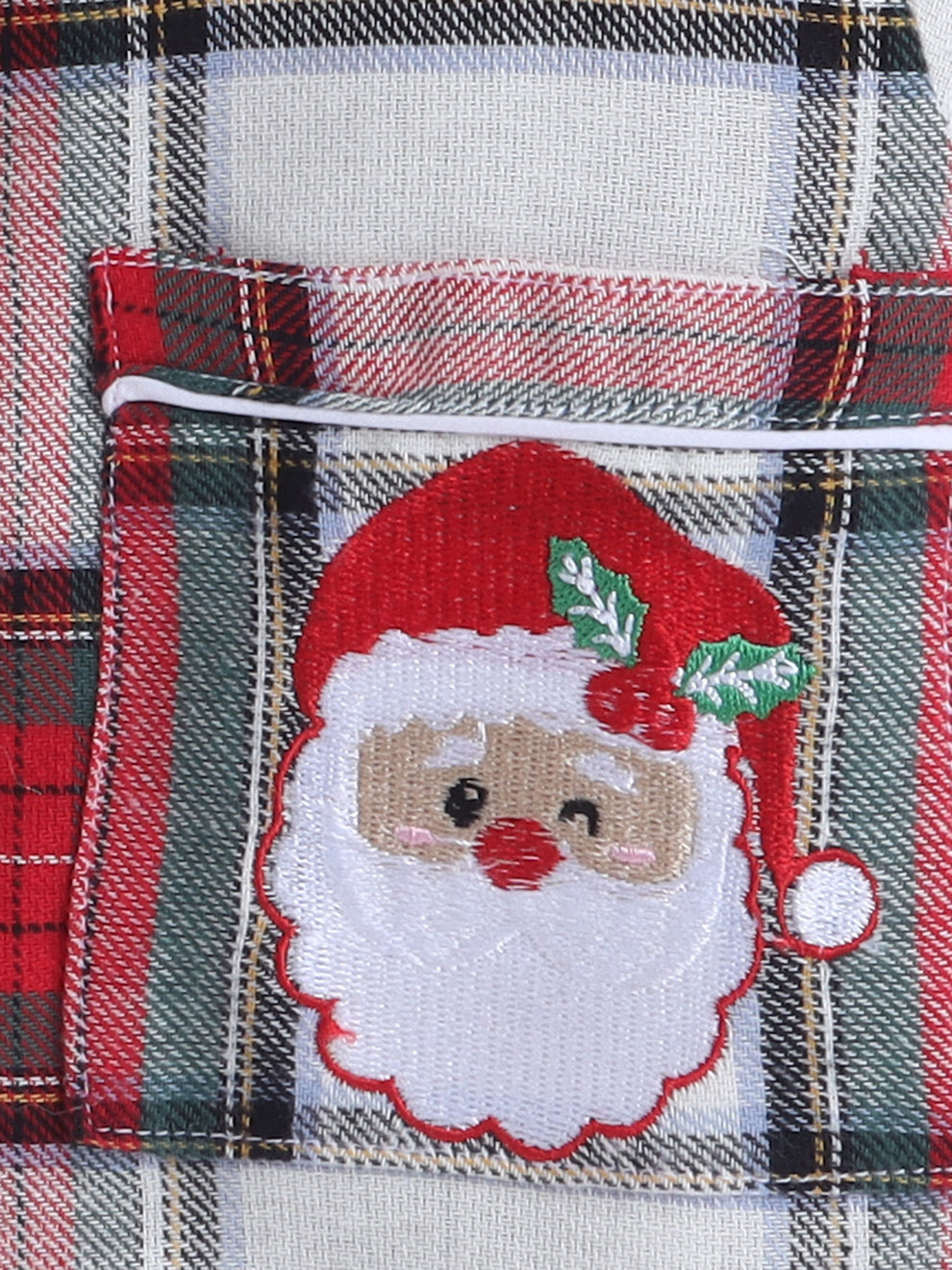 Unisex Red, White and Green Cotton Plaid Nightsuit with Cute Santa Claus Embroidery on Pocket