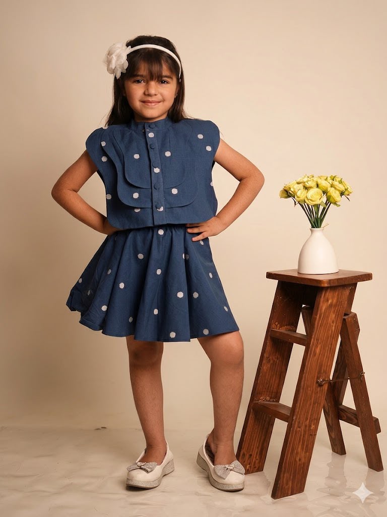 Navy Blue Handloom Cotton Co-ord Set for Girls – Polka Flap Top & Skirt
