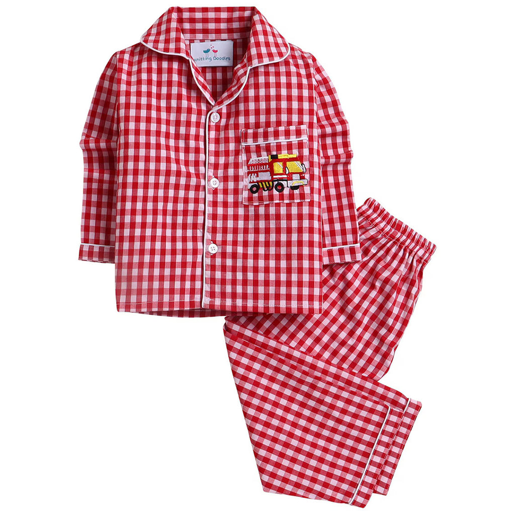 Unisex Kids Red & Off White Checked Night suit