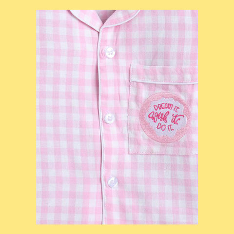 Unisex Night Suit With Dream It Embroidery On Pocket - Pink & White