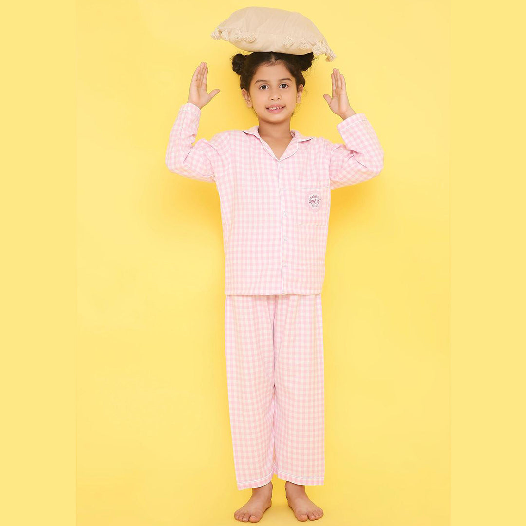 Unisex Night Suit With Dream It Embroidery On Pocket - Pink & White