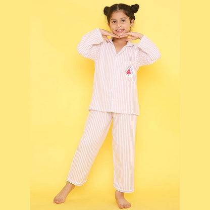 Unisex Night Suit with Watermelon Embroidery On Pocket - Pink & White
