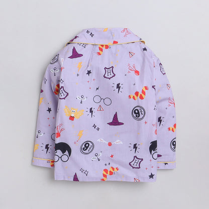 Unisex Premium Cotton Full Sleeves Potter Themed Printed Night Suit - Purple